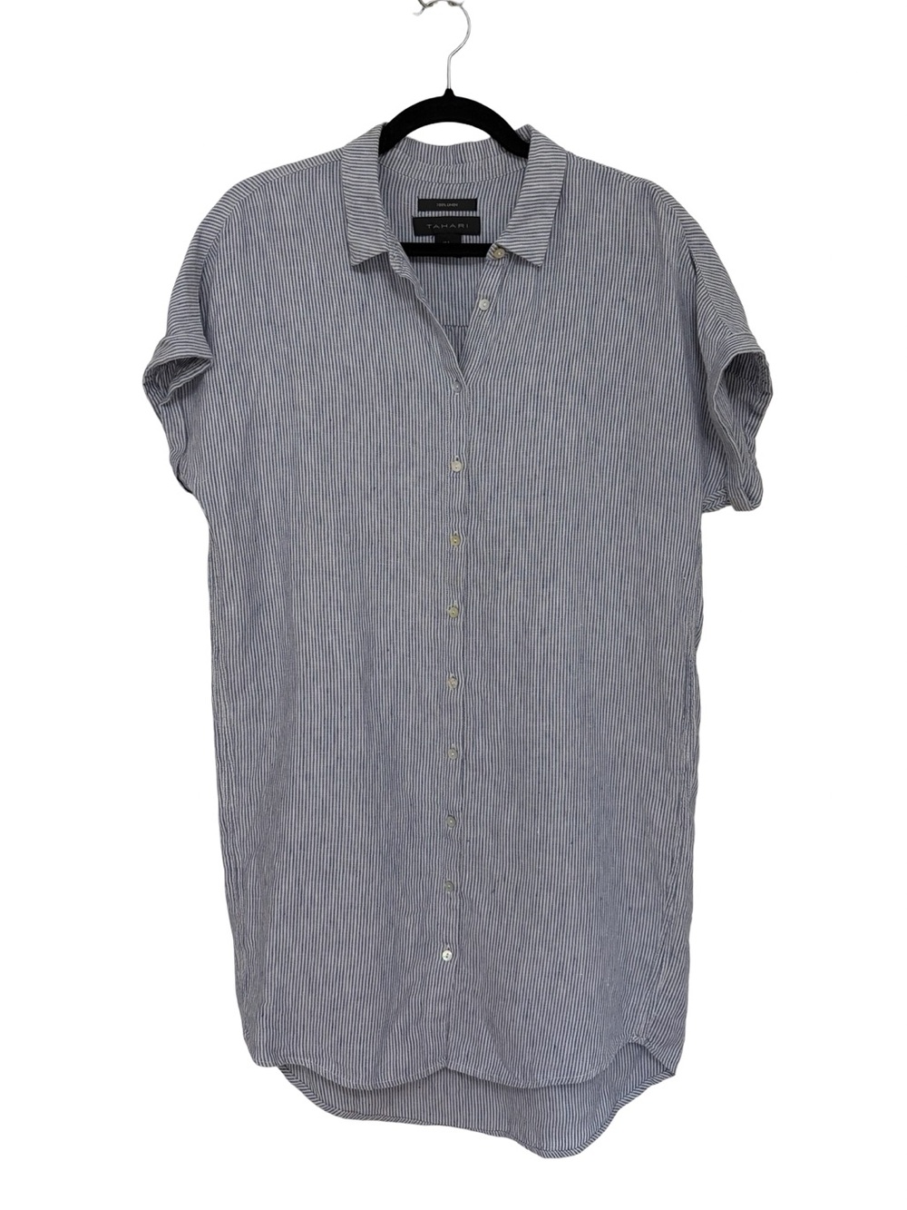 Tahari 100% Linen Button Down Boxy Shirt Dress Blue and White Pinstripe - Size S